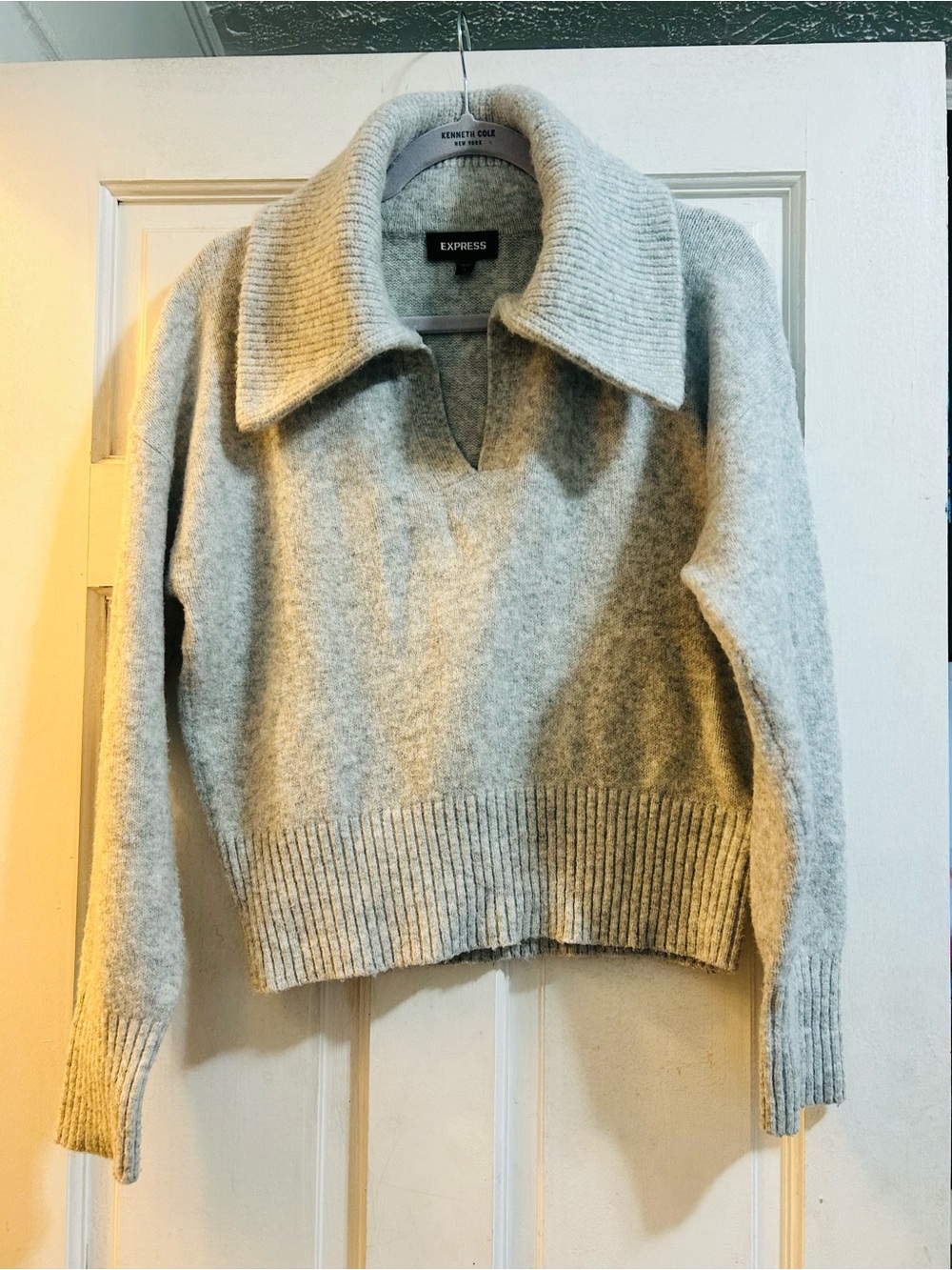 Express Light Gray V-Neck Collared Pullover Sweater